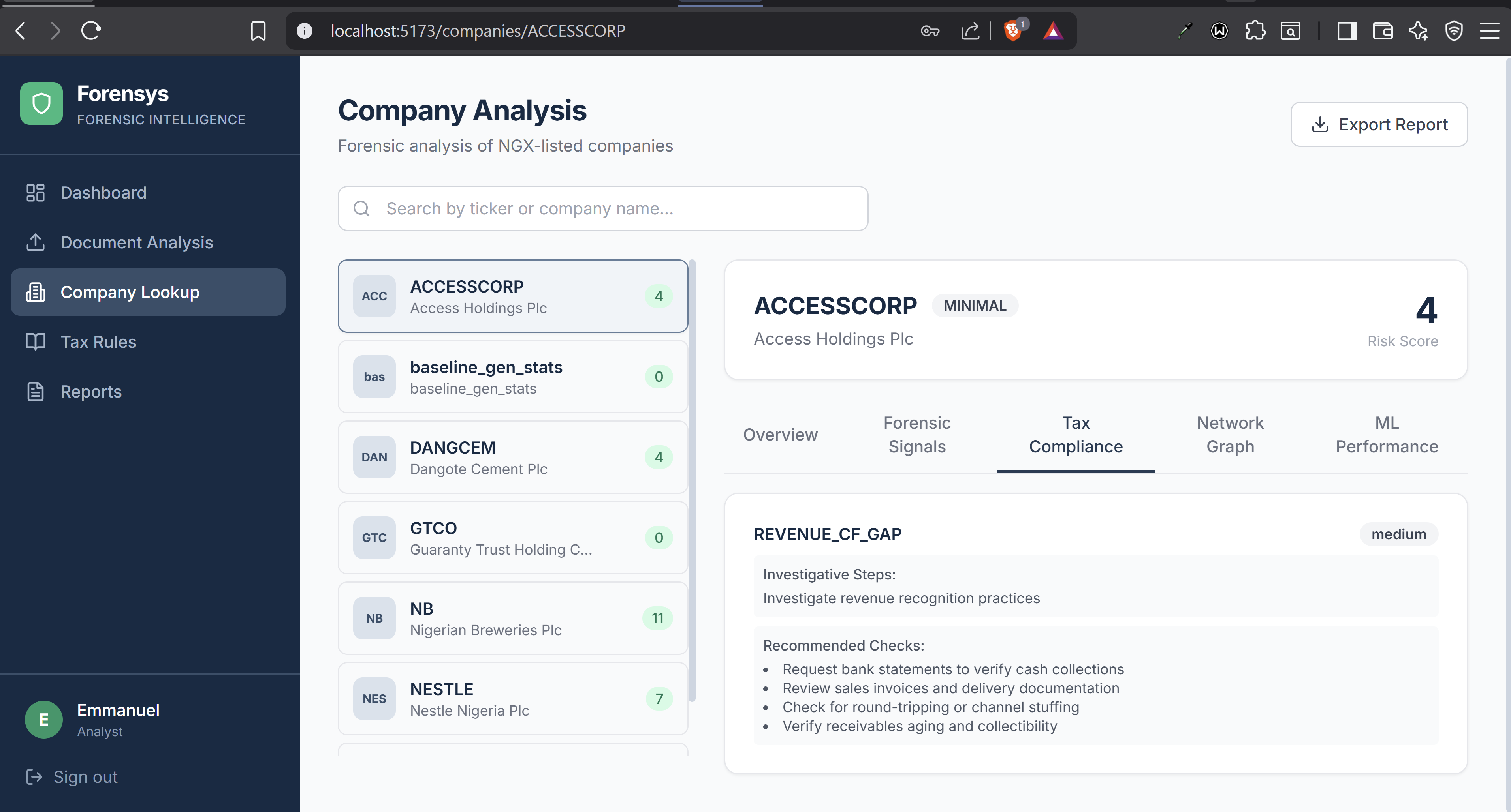 Forensys dashboard interface with navigation for document analysis, company lookup, tax rules and reports
